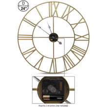 Load image into Gallery viewer, Round 24-inch Decorative Gold Metal Wall Clock Roman Numerals and Black Hands