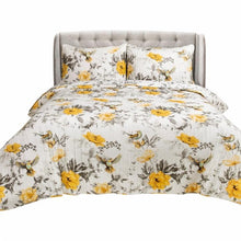 Load image into Gallery viewer, Full/Queen 3 Piece White Yellow Grey Reversible Floral Birds Cotton Quilt Set