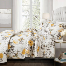 Load image into Gallery viewer, Full/Queen 3 Piece White Yellow Grey Reversible Floral Birds Cotton Quilt Set