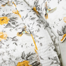 Load image into Gallery viewer, Full/Queen 3 Piece White Yellow Grey Reversible Floral Birds Cotton Quilt Set