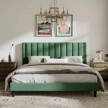 Load image into Gallery viewer, King size Modern Green Velvet Upholstered Platform Bed with Headboard