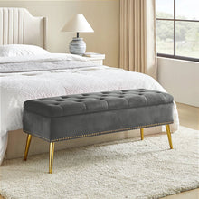 Load image into Gallery viewer, Mid-Century Modern End of Bed Storage Bench with Gray Velvet Seat and Gold Legs