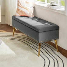 Load image into Gallery viewer, Mid-Century Modern End of Bed Storage Bench with Gray Velvet Seat and Gold Legs