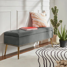 Load image into Gallery viewer, Mid-Century Modern End of Bed Storage Bench with Gray Velvet Seat and Gold Legs