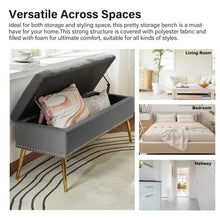 Load image into Gallery viewer, Mid-Century Modern End of Bed Storage Bench with Gray Velvet Seat and Gold Legs