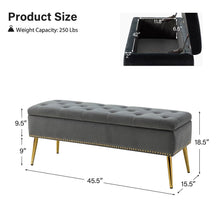 Load image into Gallery viewer, Mid-Century Modern End of Bed Storage Bench with Gray Velvet Seat and Gold Legs