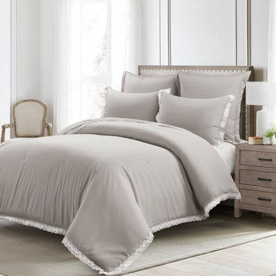 Full/Queen French Country Grey 5-Piece Lightweight Comforter Set w/ Lace Trim