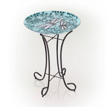 Load image into Gallery viewer, Teal Green Blue White Mosaic Glass Birdbath Bowl with Black Metal Stand