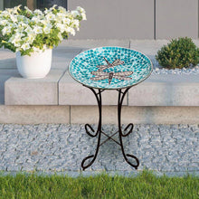 Load image into Gallery viewer, Teal Green Blue White Mosaic Glass Birdbath Bowl with Black Metal Stand