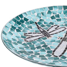 Load image into Gallery viewer, Teal Green Blue White Mosaic Glass Birdbath Bowl with Black Metal Stand