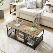 Load image into Gallery viewer, Modern Industrial Metal Grey Wood Coffee Table with Bottom Storage Shelves