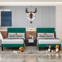 Load image into Gallery viewer, Set of 2 - Twin size Dark Green Upholstered Platform Bed Frame with Headboard