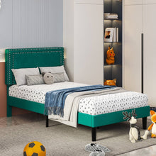 Load image into Gallery viewer, Set of 2 - Twin size Dark Green Upholstered Platform Bed Frame with Headboard