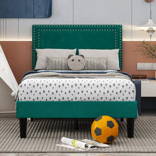 Load image into Gallery viewer, Set of 2 - Twin size Dark Green Upholstered Platform Bed Frame with Headboard
