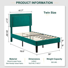 Load image into Gallery viewer, Set of 2 - Twin size Dark Green Upholstered Platform Bed Frame with Headboard