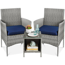 Load image into Gallery viewer, 3-Piece Grey PE Wicker Outdoor Patio Furniture Dining Set w/ Navy Blue Cushions