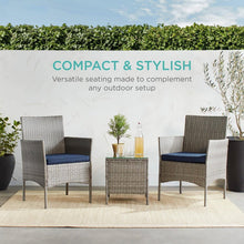 Load image into Gallery viewer, 3-Piece Grey PE Wicker Outdoor Patio Furniture Dining Set w/ Navy Blue Cushions