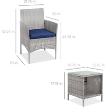 Load image into Gallery viewer, 3-Piece Grey PE Wicker Outdoor Patio Furniture Dining Set w/ Navy Blue Cushions
