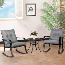 Load image into Gallery viewer, Outdoor 3-Piece Patio Furniture Table Rocking Chairs Set with Grey Cushions