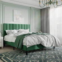 Load image into Gallery viewer, Queen size Modern Green Velvet Upholstered Platform Bed with Headboard