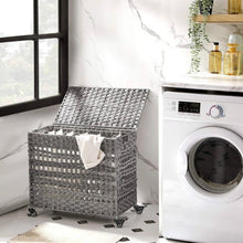 Load image into Gallery viewer, Grey PP Rattan 3-Basket Laundry Hamper Sorter Cart with Removable Cotton Bags