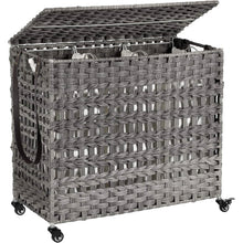 Load image into Gallery viewer, Grey PP Rattan 3-Basket Laundry Hamper Sorter Cart with Removable Cotton Bags