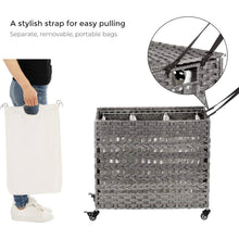 Load image into Gallery viewer, Grey PP Rattan 3-Basket Laundry Hamper Sorter Cart with Removable Cotton Bags