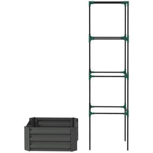 Load image into Gallery viewer, Grey Galvanized Open Bottom Raised Garden Bed Planter with Tomato Cage Trellis