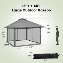 Load image into Gallery viewer, Grey 13 x 13 Ft Pop-Up Gazebo Outdoor Canopy w/ Mesh Mosquito Netting Sidewalls