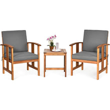 Load image into Gallery viewer, 3-Piece Solid Wood Outdoor Patio Furniture Chairs Table Set with Grey Cushions