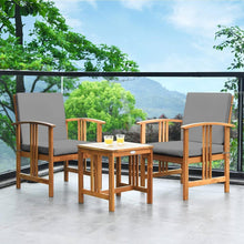 Load image into Gallery viewer, 3-Piece Solid Wood Outdoor Patio Furniture Chairs Table Set with Grey Cushions