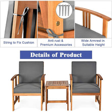 Load image into Gallery viewer, 3-Piece Solid Wood Outdoor Patio Furniture Chairs Table Set with Grey Cushions