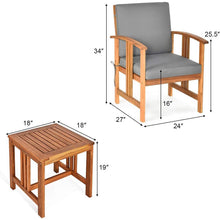 Load image into Gallery viewer, 3-Piece Solid Wood Outdoor Patio Furniture Chairs Table Set with Grey Cushions