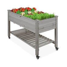 Load image into Gallery viewer, Outdoor Grey Wood Raised Garden Bed Planter Box with Shelf and Locking Wheels