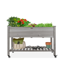 Load image into Gallery viewer, Outdoor Grey Wood Raised Garden Bed Planter Box with Shelf and Locking Wheels