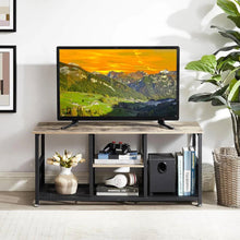 Load image into Gallery viewer, Industrial Modern Black Metal Grey Wood TV Stand with Media Storage Shelf