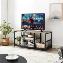 Load image into Gallery viewer, Industrial Modern Black Metal Grey Wood TV Stand with Media Storage Shelf