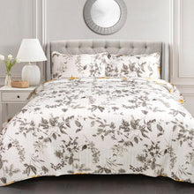 Load image into Gallery viewer, King size 3 Piece White Yellow Grey Reversible Floral Birds Cotton Quilt Set
