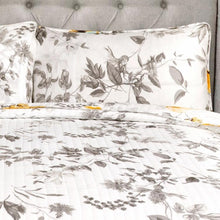 Load image into Gallery viewer, King size 3 Piece White Yellow Grey Reversible Floral Birds Cotton Quilt Set