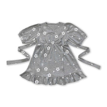 Load image into Gallery viewer, White flower grey cotton belt baby girls dresses