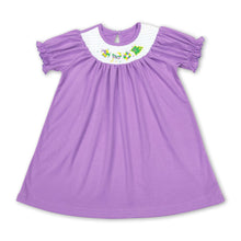 Load image into Gallery viewer, Purple plaid short sleeves smocked girls mardi gras dress