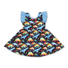 Load image into Gallery viewer, Blue flutter sleeves dinosaur kids girls dresses