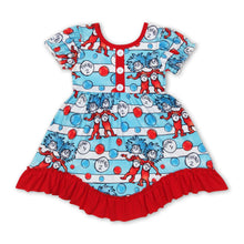 Load image into Gallery viewer, Short sleeves blue stripe cat hat ruffle girls dresses