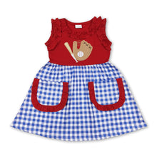 Load image into Gallery viewer, Red baseball blue pockets baby girls dresses