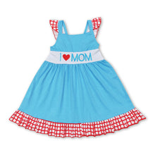 Load image into Gallery viewer, I love mom light blue plaid ruffle girls mother's day dress
