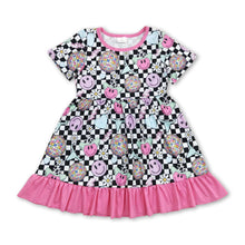 Load image into Gallery viewer, Short sleeves plaid smile flower baby girls dresses