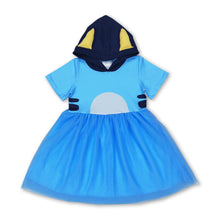 Load image into Gallery viewer, Short sleeves blue dog tulle girls hooded dress