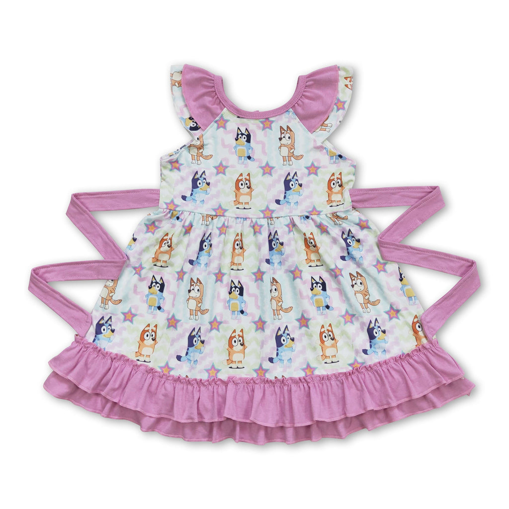 Short sleeves pink ruffle dog kids girls dresses