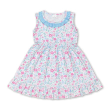 Load image into Gallery viewer, Light blue ruffle sleeveless floral girls summer dress