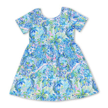 Load image into Gallery viewer, Short sleeves blue watercolor floral girls summer dress